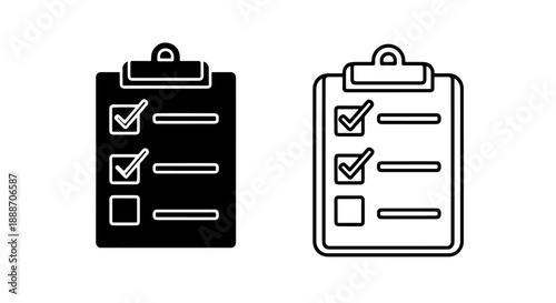 Clipboard icons with checkboxes and lines, solid and outline styles, for task lists, surveys, and decision making