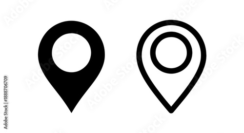 Set of map pointer icons in solid black and outline for digital mapping