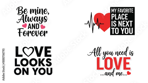 A collection of romantic typography designs featuring hearts love quotes and electrocardiogram lines