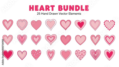 A collection of twenty five hand drawn pink heart vector elements displayed in a neat bundle