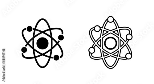 Two atom icons, one solid and one line art, symbolizing fundamental science and research