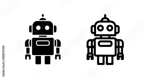 Two friendly robot icons, one filled and one outlined, representing AI, robotics, and innovation