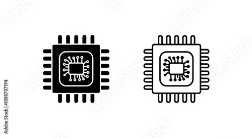 CPU chip icons in solid and outline styles, symbolizing microelectronics and digital technology