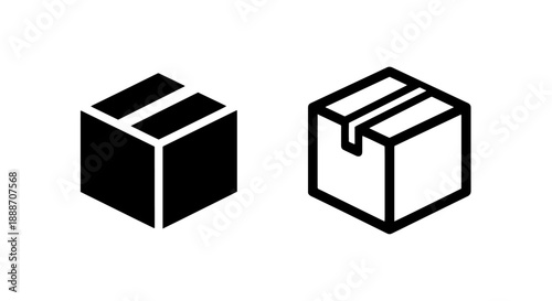 Isometric icons in black and white representing a sealed shipping box, ideal for logistics, supply chain, and package services.