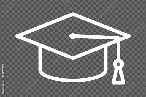 A minimalist white outline icon of a graduation cap with a tassel. Graduation cap icon.