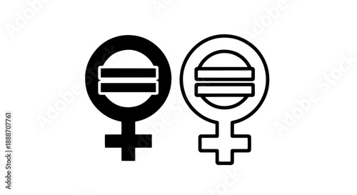 Black and white icons of the female symbol with an equal sign inside, representing gender equality and women's rights.