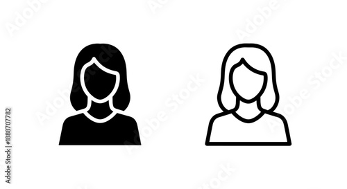 Simple icon representing a female user or profile in both solid black and outline versions