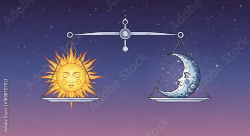 Balance between sun and moon on scales with starry night sky background and contrasting day and night symbols