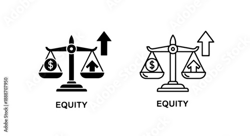 Scales of justice icon with dollar sign and upward arrow, symbolizing financial equity and investment balance
