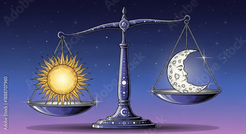 Astrological balance scale with sun and moon phases on celestial decorative plates