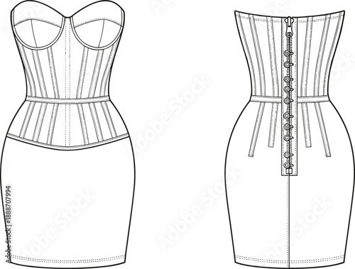 Corset dress technical fashion illustration with bustier bodice and pencil skirt showing front and back flat views isolated