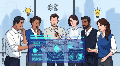 Diverse group of business professionals analyzing data on a digital screen in a modern office setting with lightbulbs and gears above them