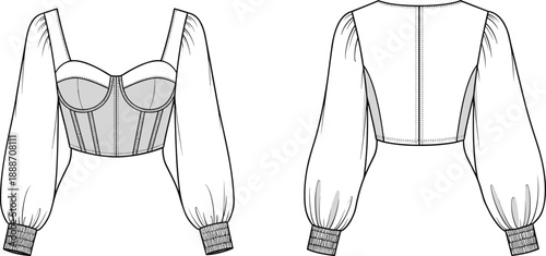 Cropped corset-style top technical sketch with puffed sleeves, structured bodice, gathered cuffs, and front back fashion views