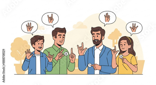 Diverse group of people communicating with sign language and gestures outdoors
