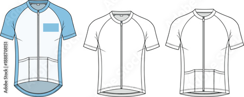 Cycling jersey technical fashion illustration showing front and back views, short sleeve zip up bike shirt with pockets flat vector design
