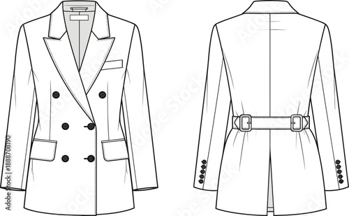 Double breasted blazer technical fashion flat sketch with front and back views, belt detail, tailored jacket vector