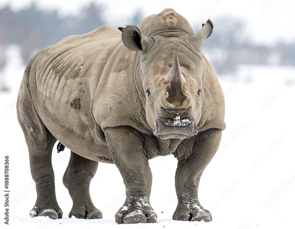 Fototapeta premium A large gray rhinoceros stands in a snowy field