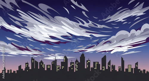 City skyline at dusk with dramatic swirling clouds and lit skyscrapers urban landscape