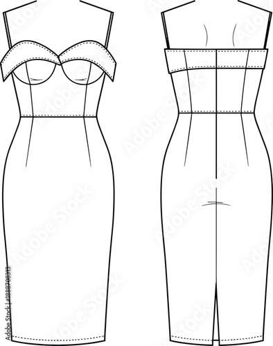 Elegant women’s fitted midi dress technical fashion illustration with front and back views, sleeveless corset bodice, professional garment flat sketch design