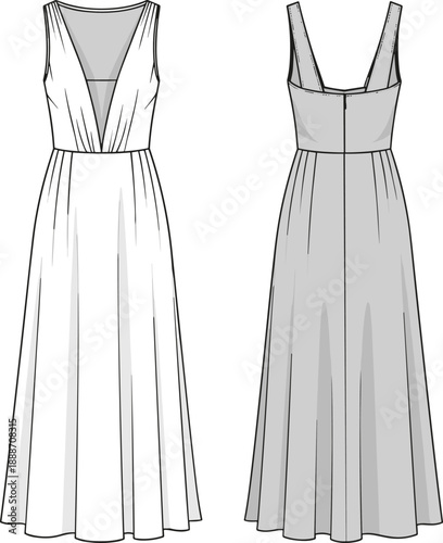 Elegant women’s maxi dress technical fashion illustration with front and back views, deep V neck, sleeveless straps, long flowing skirt