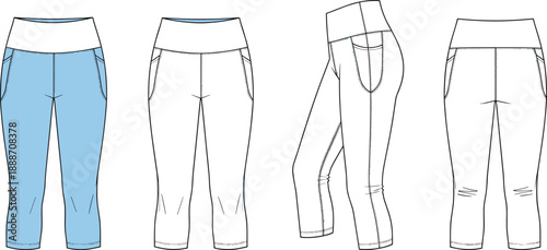 Flat vector illustration of women’s cropped leggings with high waist, front back and side views, fashion technical drawing isolated