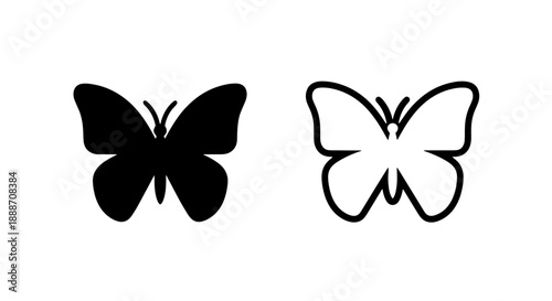 Dual butterfly icons, one filled and one outlined in black and white, for themes of change and nature.