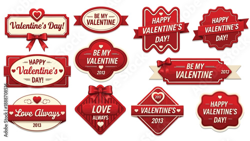 A collection of vibrant valentine s day themed badges and labels in shades of red and