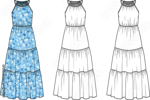 Floral halter maxi dress technical fashion flat sketch with front and back views, tiered skirt and gathered waist vector