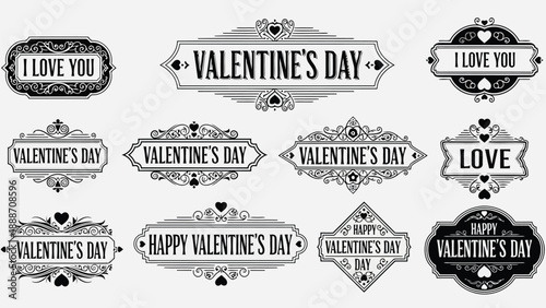 An assortment of vintage valentine s day labels and ornate heart shaped decorative designs are displayed