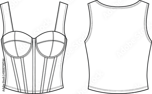 Front and back view technical fashion sketch of corset style bustier top with wide straps, cups, and seam paneling