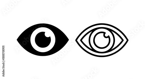 Eye Icon Set: Black Solid and Outline Styles for Vision, Sight, and Observation