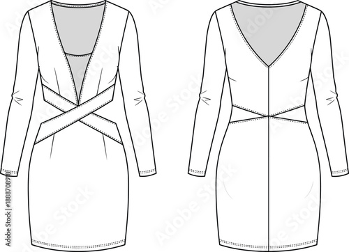 Front and back view technical fashion sketch of long sleeve wrap dress with deep V neckline, crossover waist band, and fitted skirt