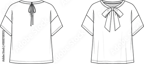 Front and back view technical fashion sketch of loose short sleeve blouse with neck bow tie, round neckline, and hem stitching