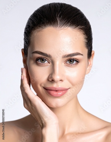 Primer plano de rostro femenino con piel hidratada y fresca, sensación de frescura, fondo blanco limpio, iluminación profesional de estudio, estilo publicidad cosmética