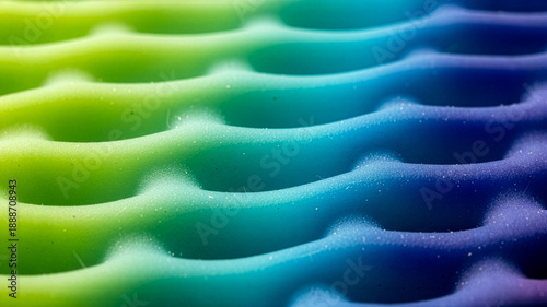 Magnified porous polyurethane foam lattice with chartreuse to cobalt chroma shift