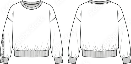 Front and back view technical fashion sketch of oversized sweatshirt with ribbed crew neck, cuffs, hem, and drop shoulder sleeves