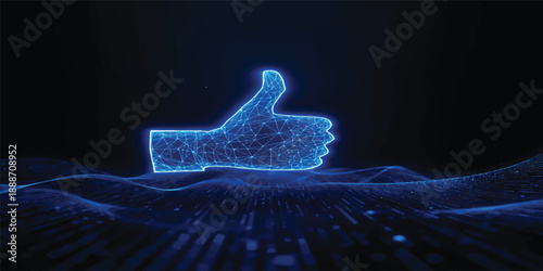 A 3d illustration of a blue thumbs up icon button representing a social network communication concept with a hand finger sign for business success and internet approval