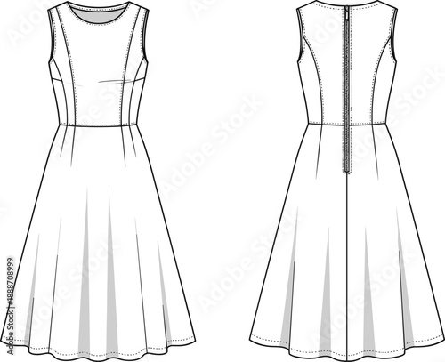 Front and back view technical fashion sketch of sleeveless fit and flare dress with round neck, seam panels, and back zipper