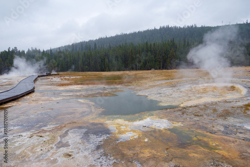 Steaming crested pool hot spring in Yellowstone National Park, Wyoming, USA