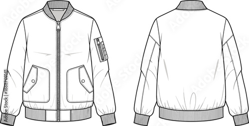 Front and back view technical fashion sketch of varsity bomber jacket with zipper front, rib collar cuffs hem, and flap pockets