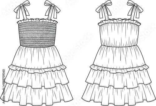 Girls smocked tiered dress technical fashion illustration with bow shoulder straps showing front and back flat views isolated