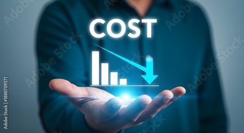 Businessman holding a holographic graph showing cost reduction with a downward arrow