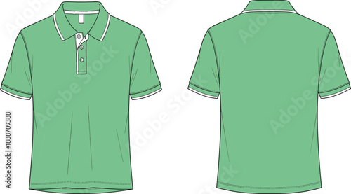 Green polo shirt technical fashion sketch showing front and back view, apparel template design illustration on white background