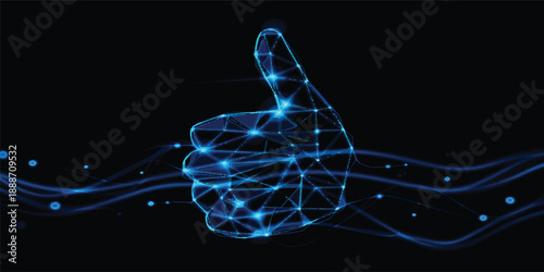 An abstract blue background with water drops featuring a hand with a thumb up sign and light energy icons as a vector illustration symbol for power and ok concept design