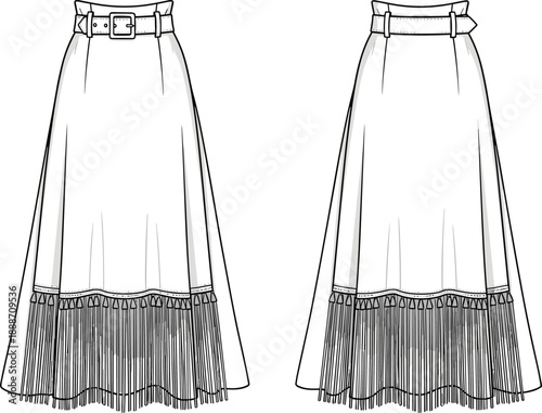 High waist maxi skirt technical fashion flat sketch with front and back views, belt detail and pleated fringe hem vector