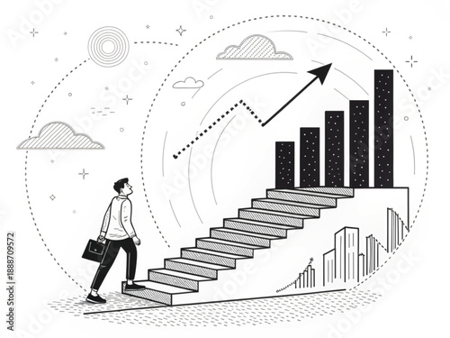 Ascending Success: An determined individual ascends a staircase, symbolizing their unwavering journey towards a visualized future of growth, with rising graphs and a cityscape in the background.