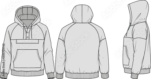 Hoodie sweatshirt technical fashion illustration with front back and side views, pullover design, kangaroo pocket and drawstring hood