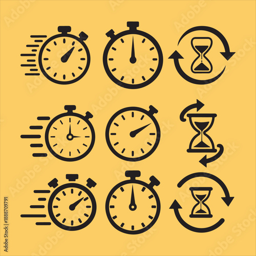 Collection of Stopwatch and Hourglass Representing Time and Speed