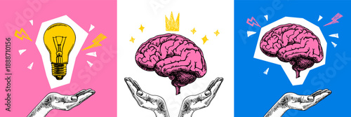 Trendy halftone collage banner set of sketch hands with glowing bulb and brain. Idea, startup, creativity, education, e-learning, innovation, coworking design. Hand drawn retro vector illustration.