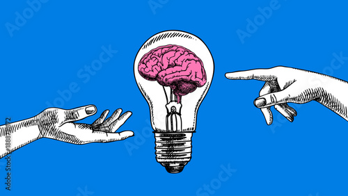 Trendy halftone collage of sketch hands with glowing bulb and brain. Idea concept. Startup, creativity, education, e-learning, innovation, coworking design. Hand drawn retro vector illustration.